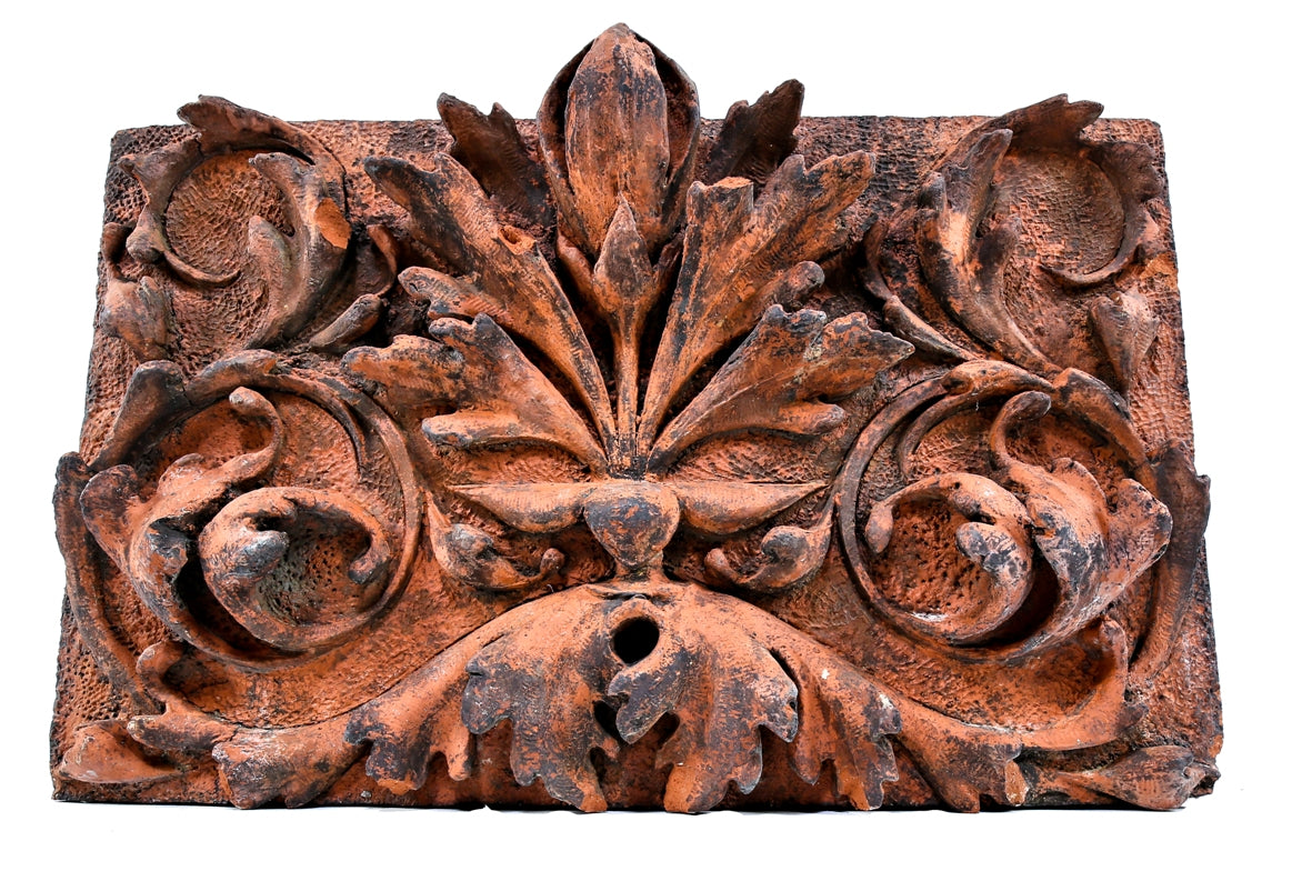 rare and unusually crude c. 1882 exterior salvaged chicago mellos peanut company building terra cotta frieze panel with deep relief floral ornament