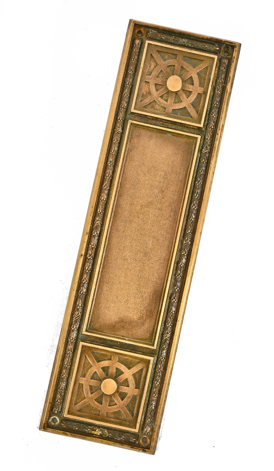 early 20th century ornamental cast bronze chicago conway building interior office door push plate with nicely aged surface patina