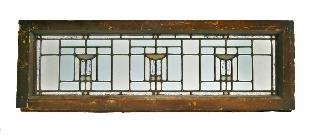original early 20th century well-executed chicago prairie style salvaged interior residential wood-framed leaded glass transom window