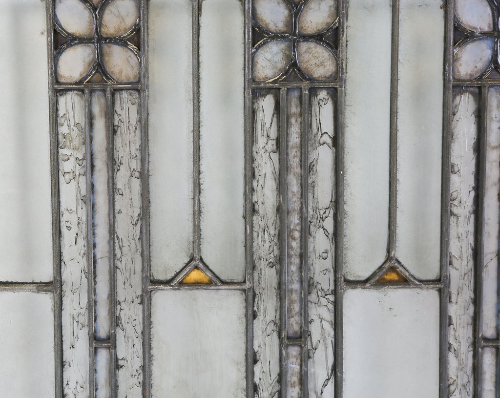oversized american arts and crafts or craftsman style salvaged chicago leaded glass bungalow window accentuated with gold leaf "sandwich" glass