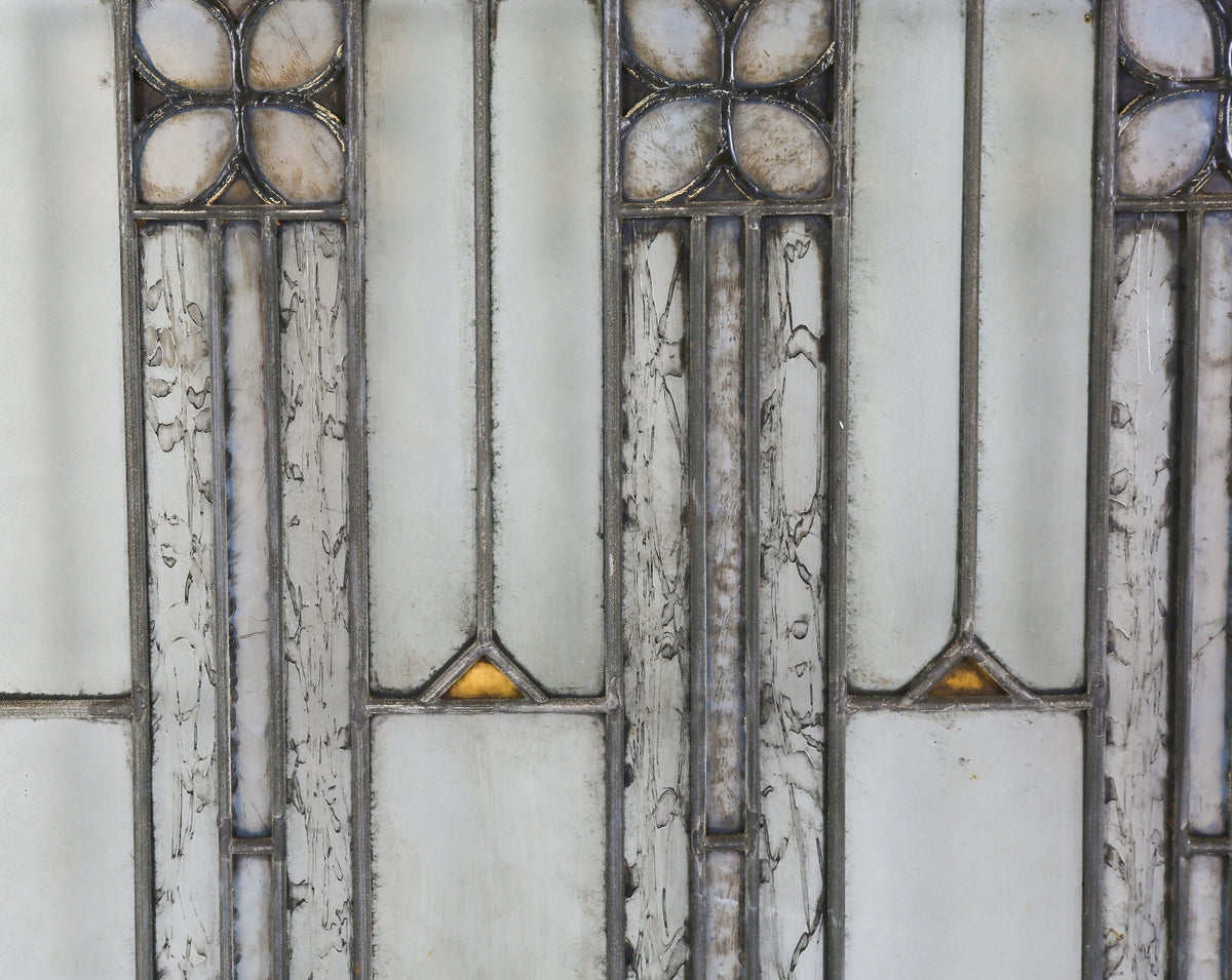 oversized american arts and crafts or craftsman style salvaged chicago leaded glass bungalow window accentuated with gold leaf "sandwich" glass