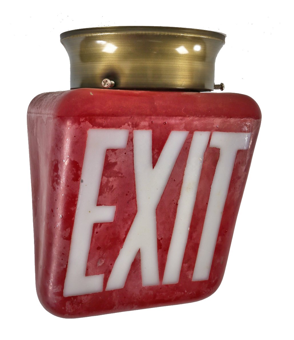 fully functional double-sided c. 1930's antique american flush mount ruby red glass double-sided ceiling exit light fixture with interchangeable plated steel fitter