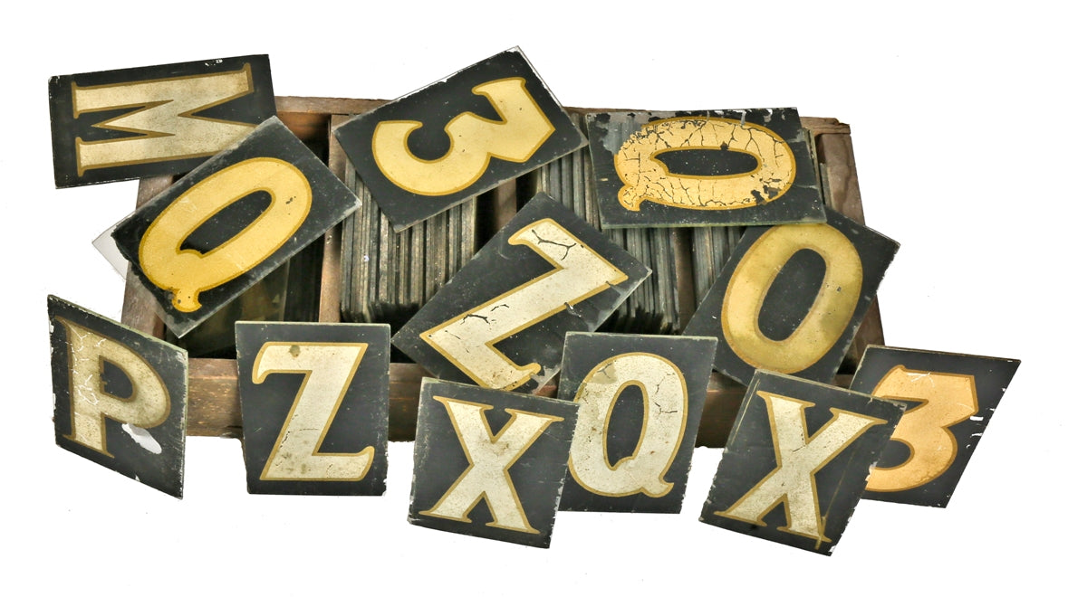 large lot of original hard to find reverse-painted interior chicago theater lobby interchangeable glass letters and numbers with weathered wood box
