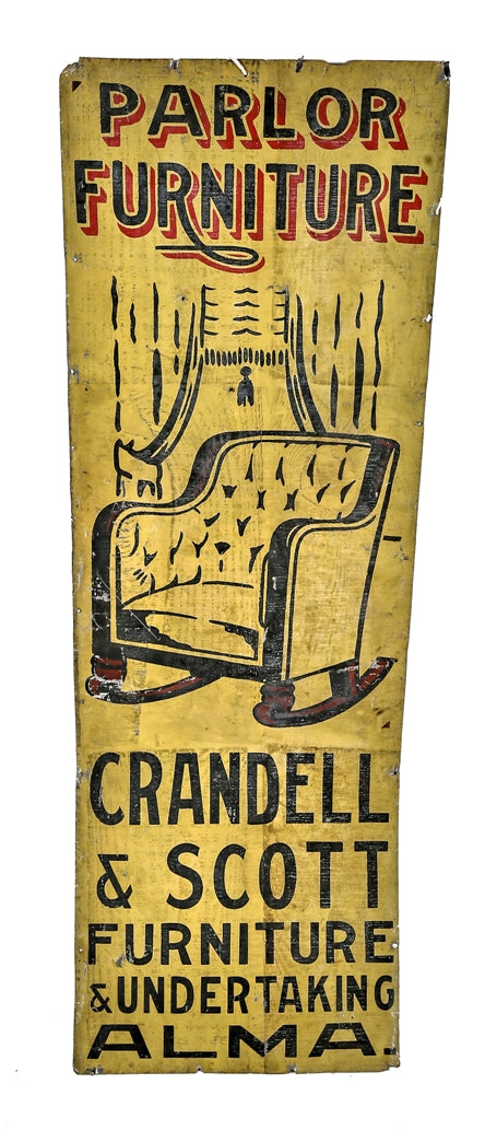 rare c. 1918 original single-sided polychrome enameled lithographed exterior stamped tin "furniture & undertaking" funeral home advertising sign