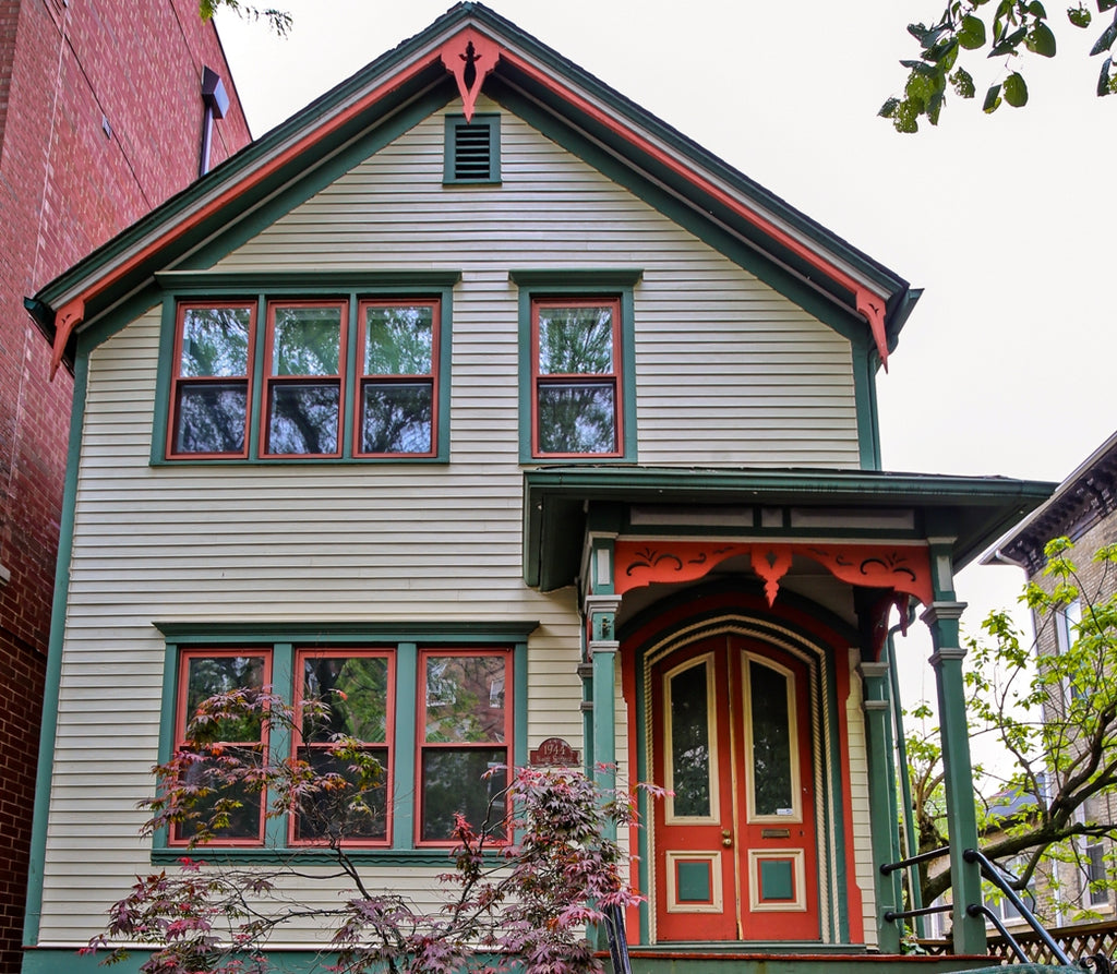 largely intact early 1870's post-fire salvaged chicago gothic style victorian cottage painted pine wood double door and surround with detailed rope molding