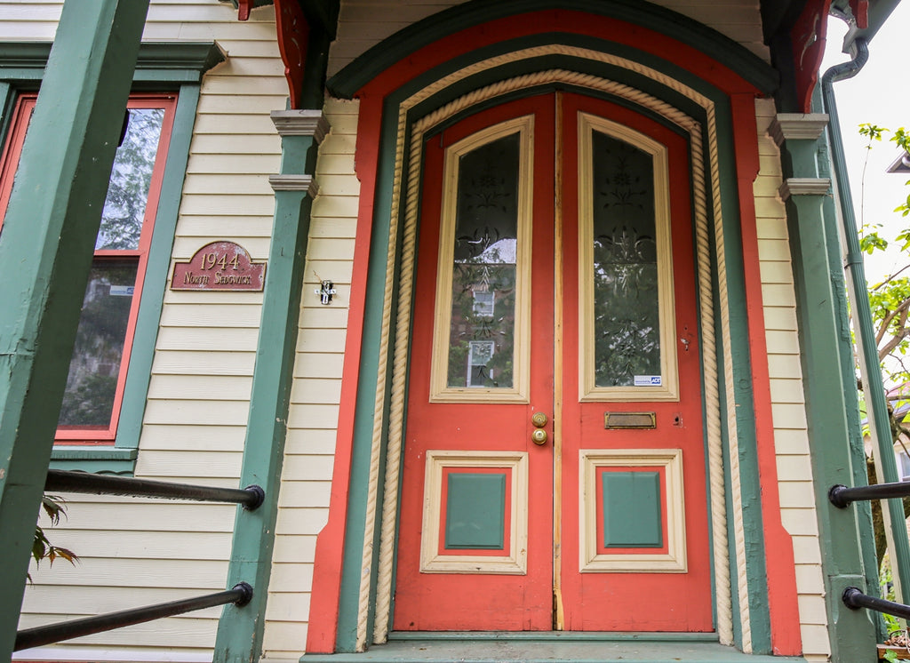 largely intact early 1870's post-fire salvaged chicago gothic style victorian cottage painted pine wood double door and surround with detailed rope molding