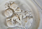 rare 1850's early american salvaged chicago carved alabama marble residential fireplace mantel with encircled bas-relief cherubs flanking oversized keystone