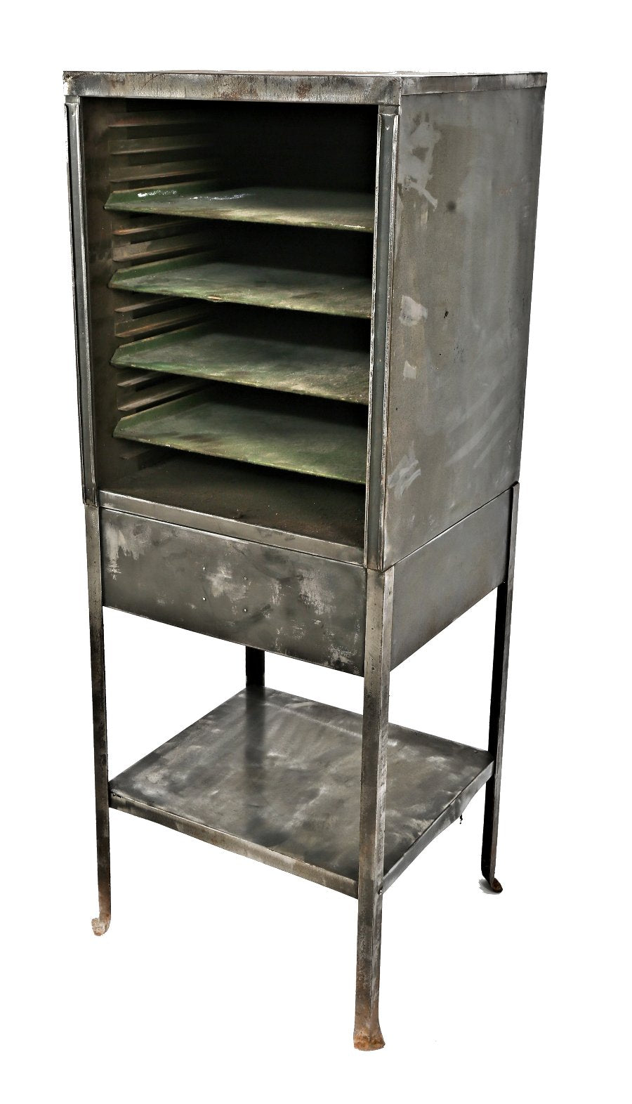 rare c. 1920's refinished old movie house freestanding pressed and folded steel adjustable shelf film reel or equipment storage cabinet with brushed metal finish