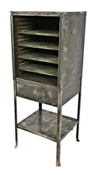 rare c. 1920's refinished old movie house freestanding pressed and folded steel adjustable shelf film reel or equipment storage cabinet with brushed metal finish