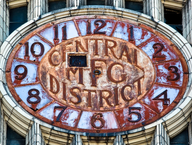 limited edition digital photographic print entitled "central mfg. district" with optional black enameled professional custom-built wood frame and clear plate glass
