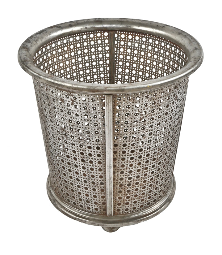 hard to find american industrial c. 1920's indiana train depot office reinforced brushed cold-rolled steel mesh floor trash can with rolled rim and three squat feet