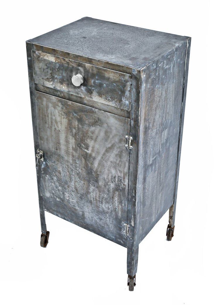 reinforced original and fully functional american medical cold-rolled sheet iron stationary hospital supply cabinet with single drawer and hinged cabinet door