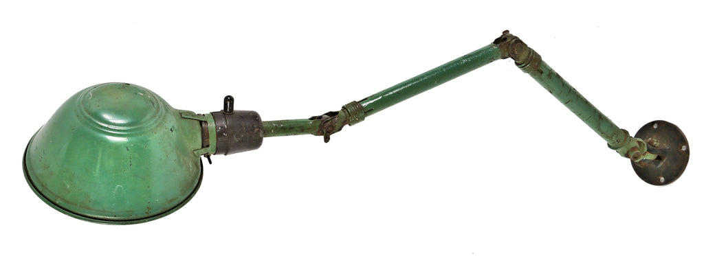 fully adjustable c. 1930's factory green enameled antique american industrial bench top factory task lamp with goose neck arm and rolled rim parabolic steel shade