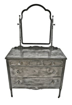 single refinished american depression era mobile all-metal hospital private room lowboy dresser with all original drawer pulls and oversized arch top tilting mirror and brushed metal finish