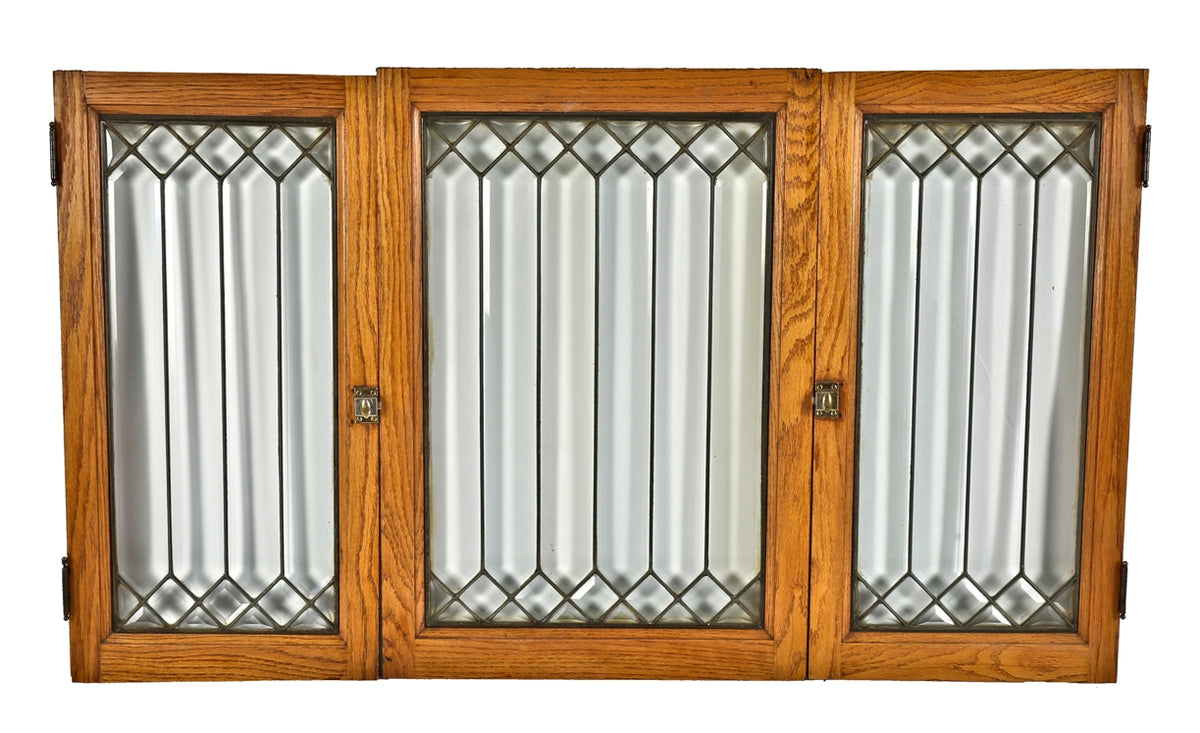 group of three all original and intact beveled edge "picket fence" pattern leaded glass chicago graystone two-flat cabinet doors with golden oak wood frames