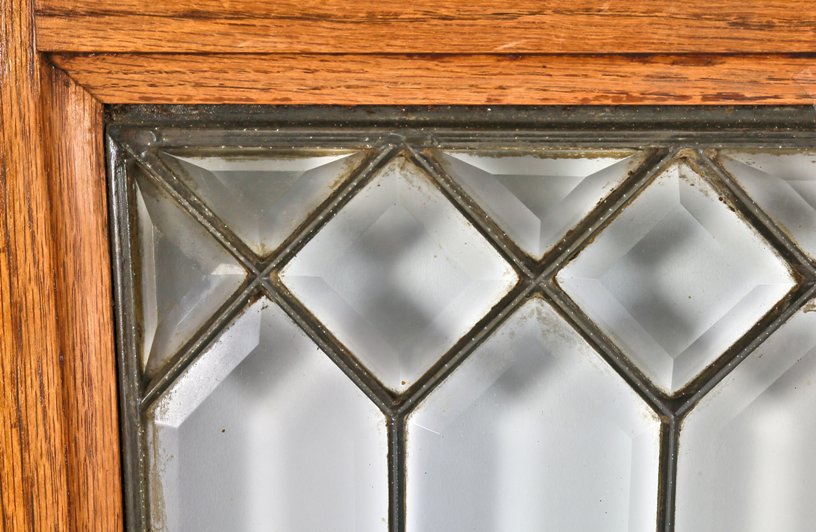 group of three all original and intact beveled edge "picket fence" pattern leaded glass chicago graystone two-flat cabinet doors with golden oak wood frames