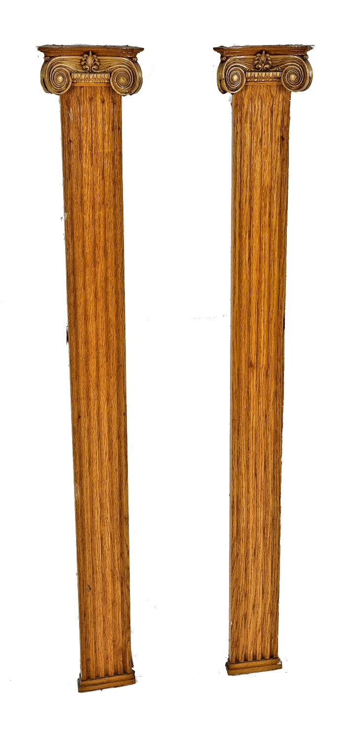 two matching original solid oak wood flush-mount late victorian era american antique fluted pilasters with completely intact composition ionic capitals