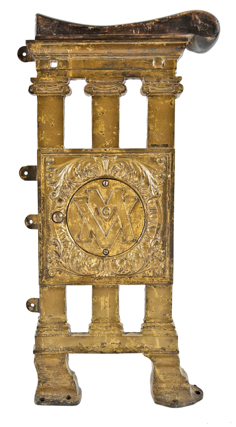 original c. 1922 historically important monogrammed theater seat end removed from the non-extant mcvickers theater prior to demolition in 1985