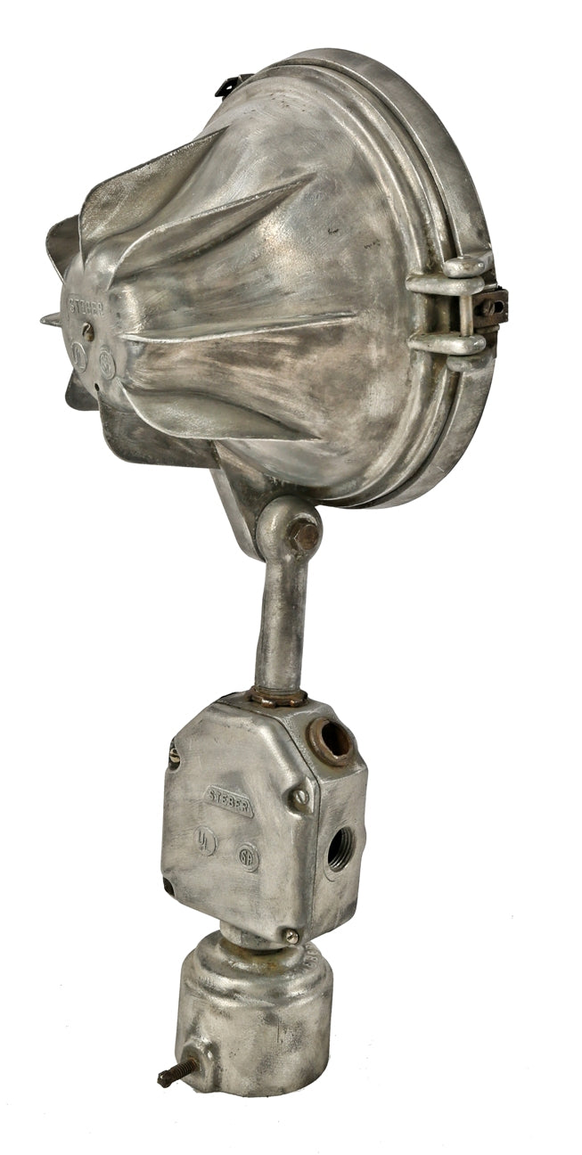original c. 1950's vintage american industrial "steber" brushed aluminum service station lamppost flood light with versatile head lamp and glass lens