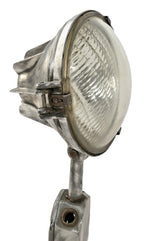 original c. 1950's vintage american industrial "steber" brushed aluminum service station lamppost flood light with versatile head lamp and glass lens