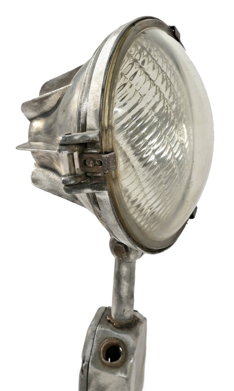 original c. 1950's vintage american industrial "steber" brushed aluminum service station lamppost flood light with versatile head lamp and glass lens