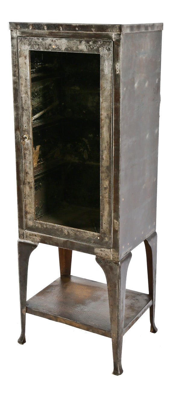 refinished late1920's chicago cook county hospital operating theater surgical four-legged instrument cabinet with clear glass hinged door and cabriole style legs
