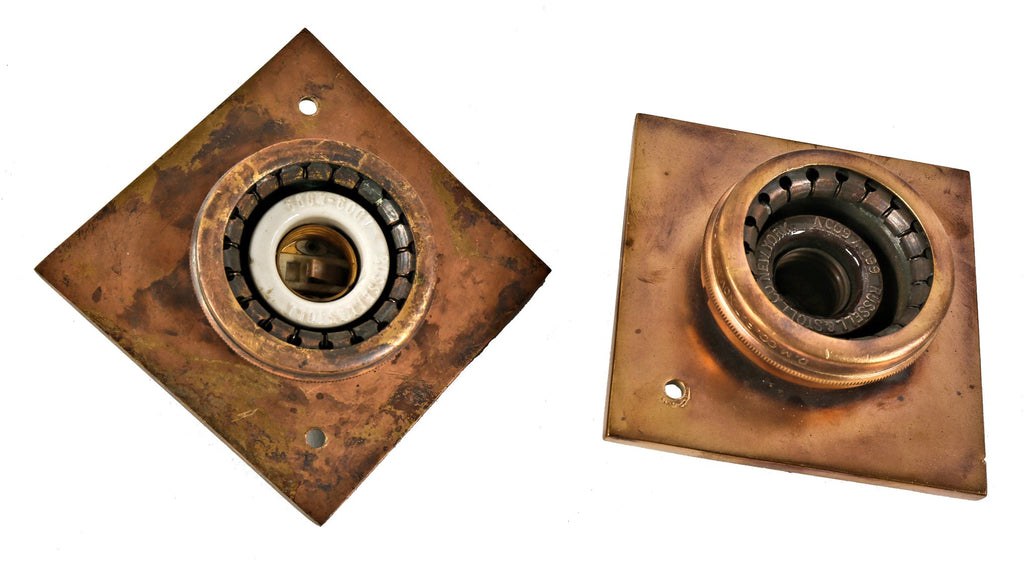 two matching original nicely aged early 20th century cast bronze new york city subway station knurled edge ceiling mount light fixture with intact white ceramic socket