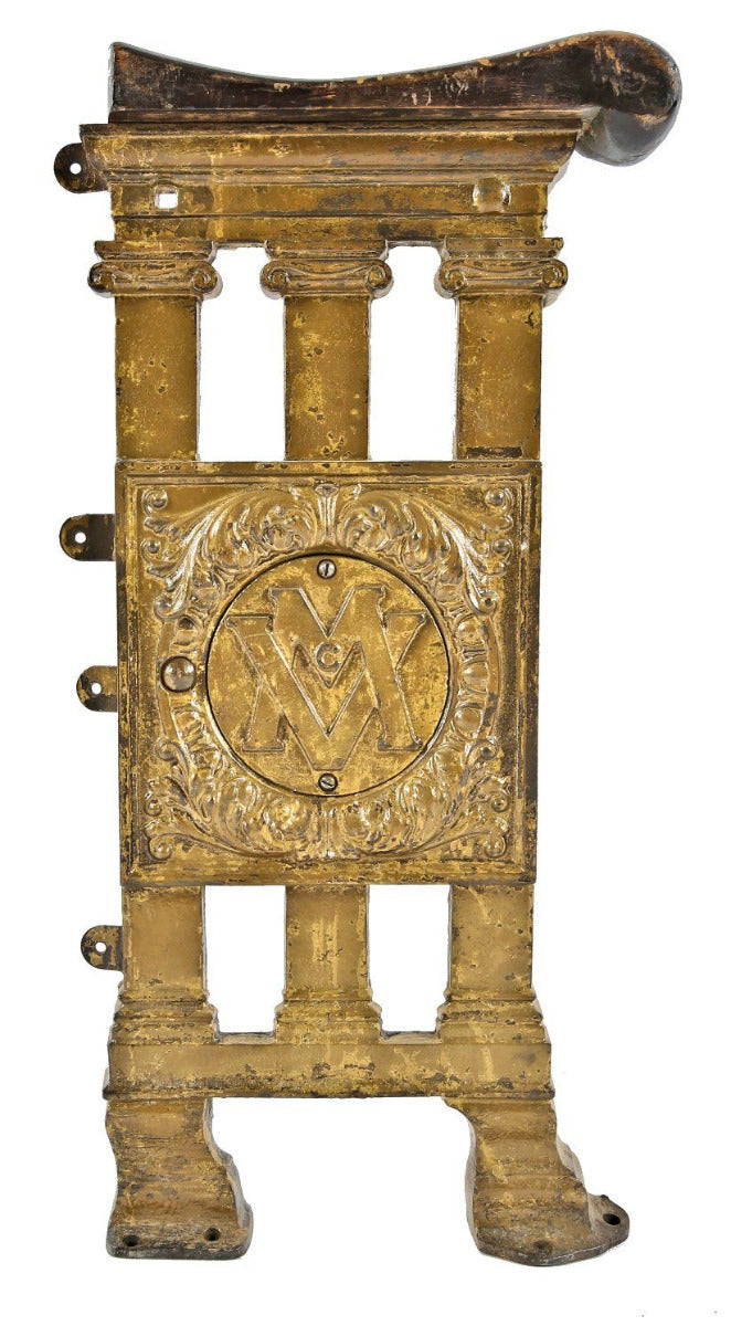 c. 1922 historically important monogrammed theater cast iron seat plaque removed from the non-extant mcvickers theater prior to demolition in 1985