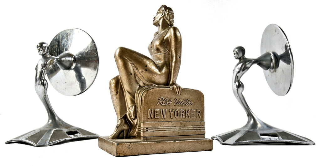 matching set of original antique american machine age at deco style automobile figural spare tire rear view mirrors comprised of "pot metal" with original chrome finish