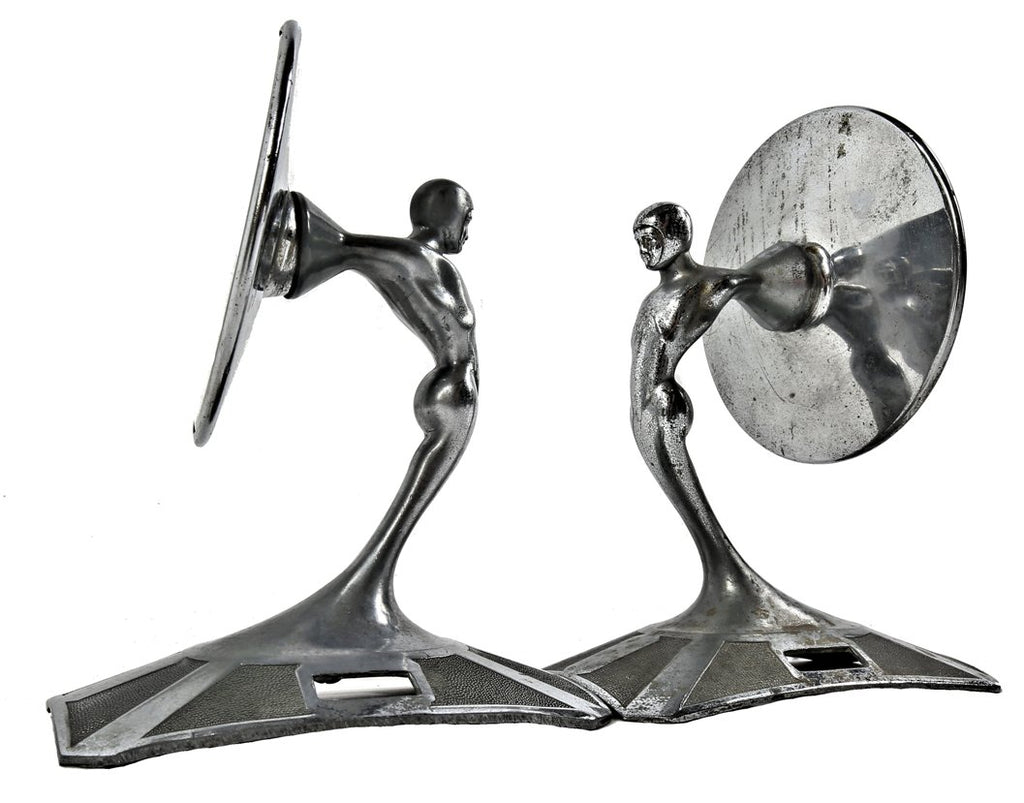 matching set of original antique american machine age at deco style automobile figural spare tire rear view mirrors comprised of "pot metal" with original chrome finish