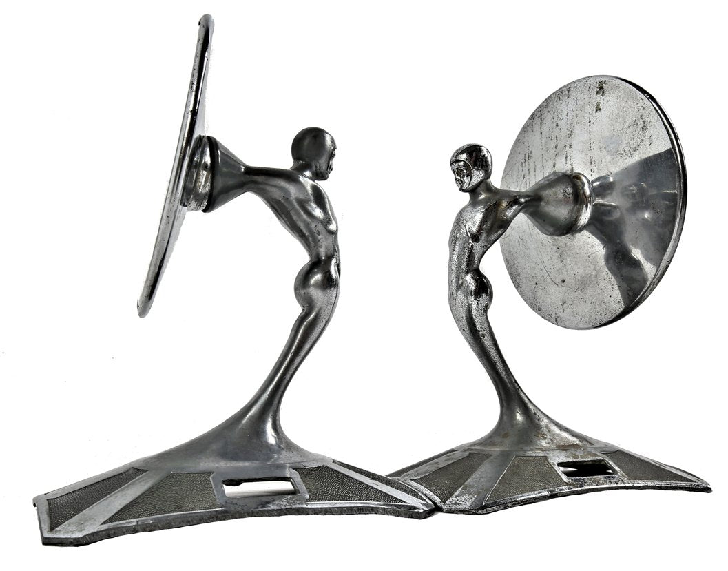 matching set of original antique american machine age at deco style automobile figural spare tire rear view mirrors comprised of "pot metal" with original chrome finish