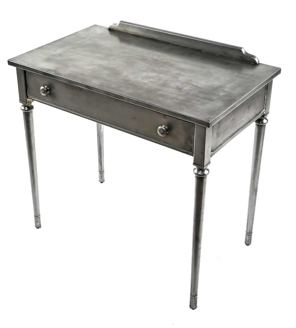 refinished four-legged pressed and folded steel antique american simmons diminutive desks or side tables with single pull-out drawer