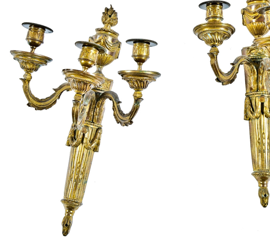 one of two matching heavy cast brass early 20th century three-arm salvaged chicago fort dearborn hotel dining room wall-mount candelabras