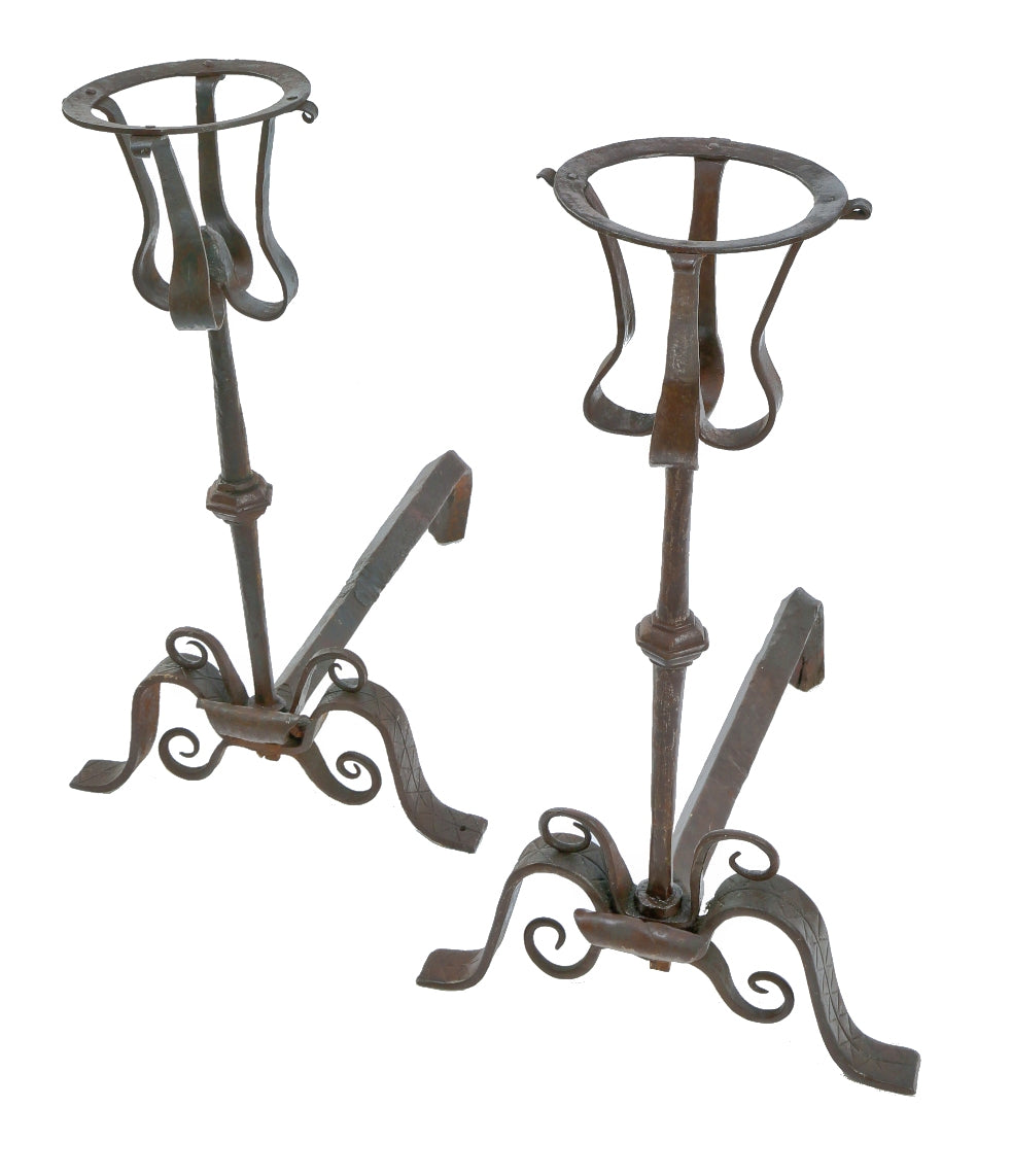 exceptional hammered wrought iron arts & crafts style early 20th century gustav stickley-esque interior residential fireplace andirons with nicely aged patina