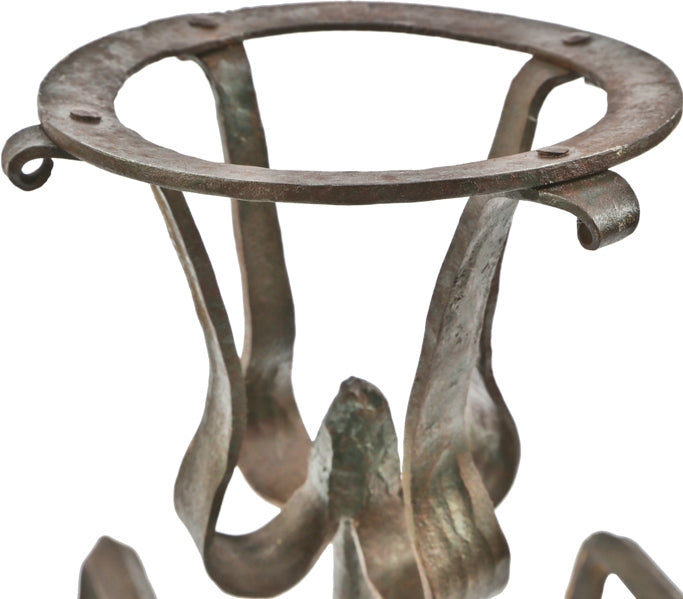 exceptional hammered wrought iron arts & crafts style early 20th century gustav stickley-esque interior residential fireplace andirons with nicely aged patina