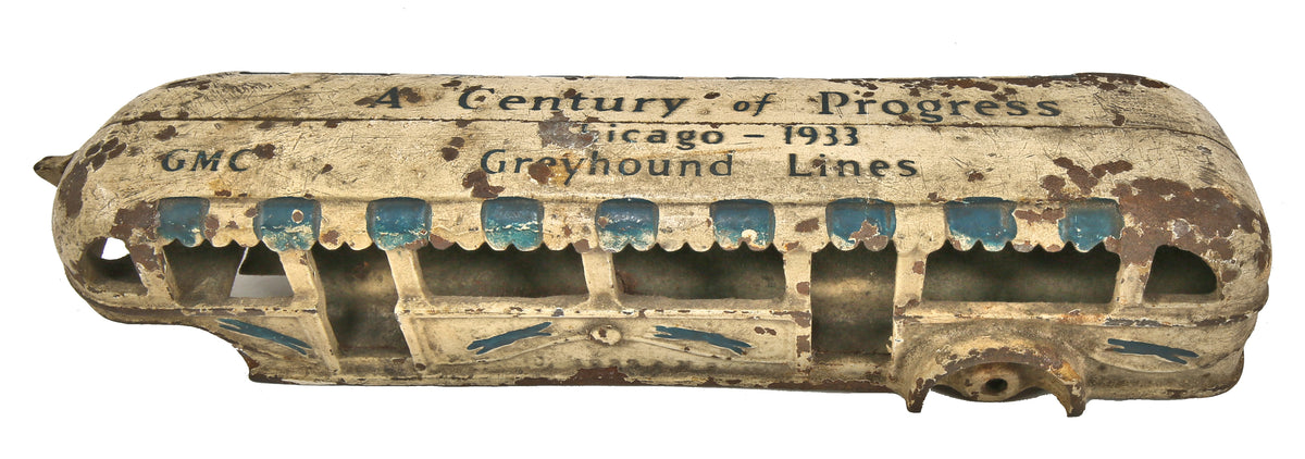 original and highly collectible 1933 american depression era chicago world's fair exposition diminutive polychromed cast iron greyhound bus souvenir "a century of progress"