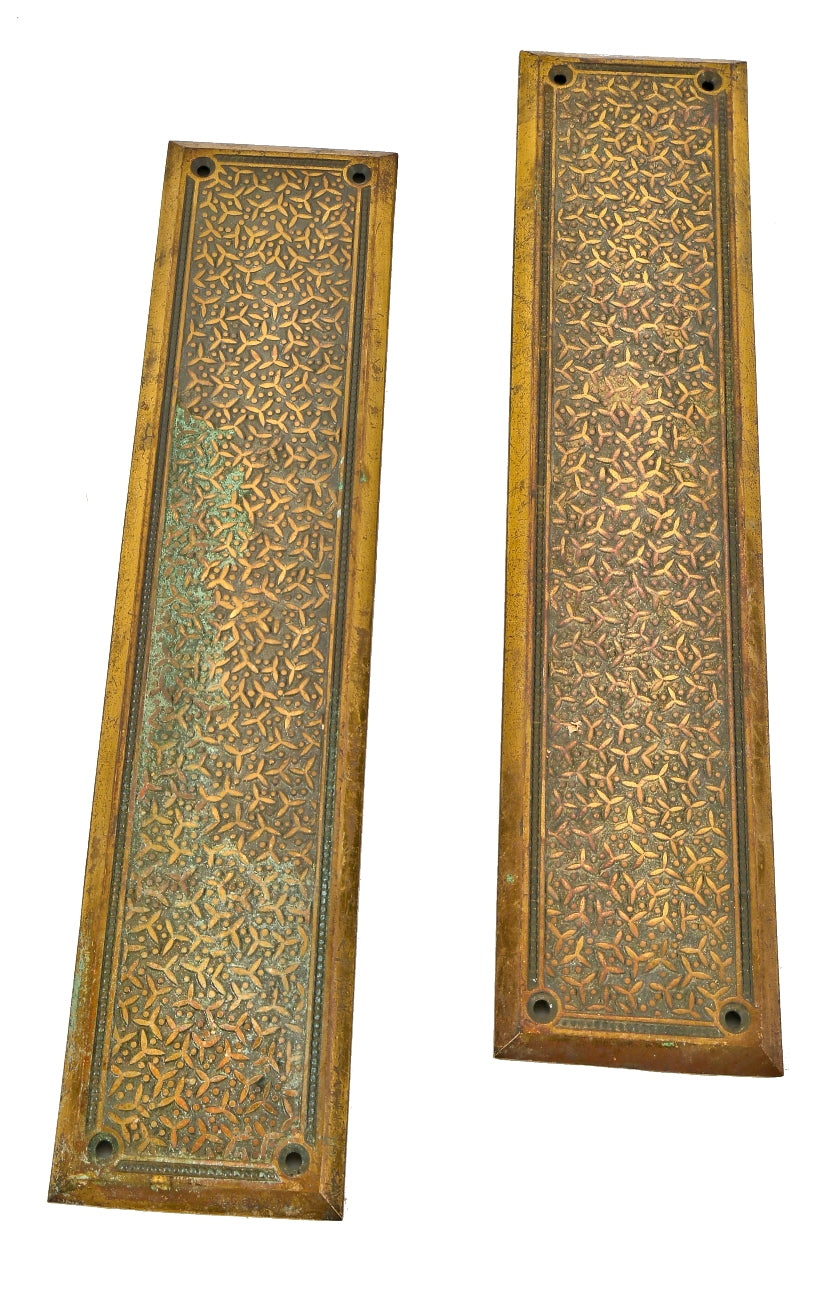 two matching hard to find "new old stock" antique american cast bronze "rice" pattern interior residential push plates with distinctive field pattern