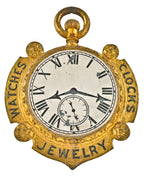 rare all original double-sided 19th century antique american hand-painted jeweler or watchmaker ornamental cast iron pocket watch trade sign with gilded finish