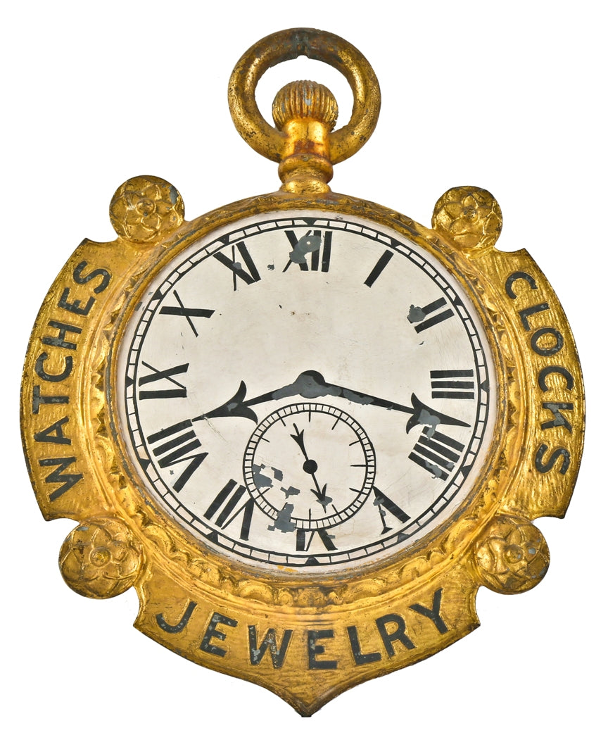rare all original double-sided 19th century antique american hand-painted jeweler or watchmaker ornamental cast iron pocket watch trade sign with gilded finish