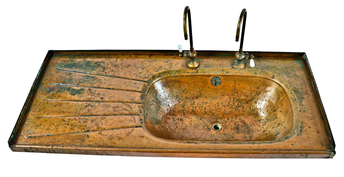 rare all original early 20th century salvaged chicago hotel saloon oversized commercial stamped and pressed copper sink with drain board and faucets