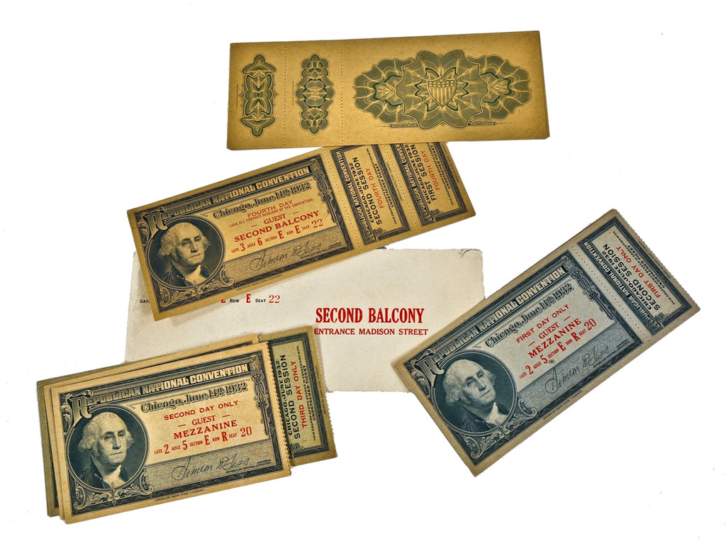 twelve original tickets from chicag republican national convention of 1932 at the chicago stadium in original envelope and some retaining one or both original stubs