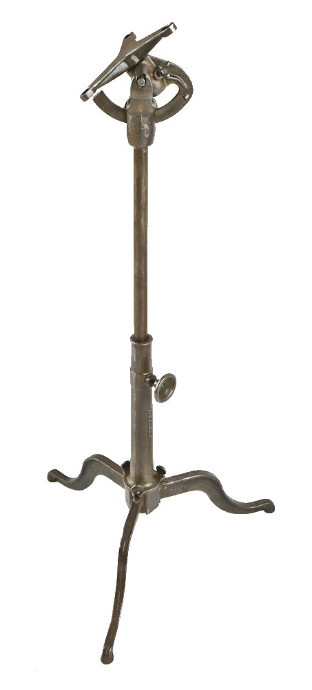 hard to find and highly sought after original and intact brushed cast iron three-legged drafting table or drawing board base with adjustable height telescoping post