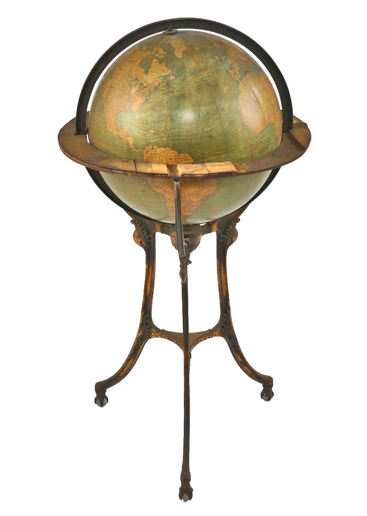 unique antique american freestanding antique american 18 inch w. & a.k. johnston terrestrial globe with oxidized copper-plated ornamental cast iron stand