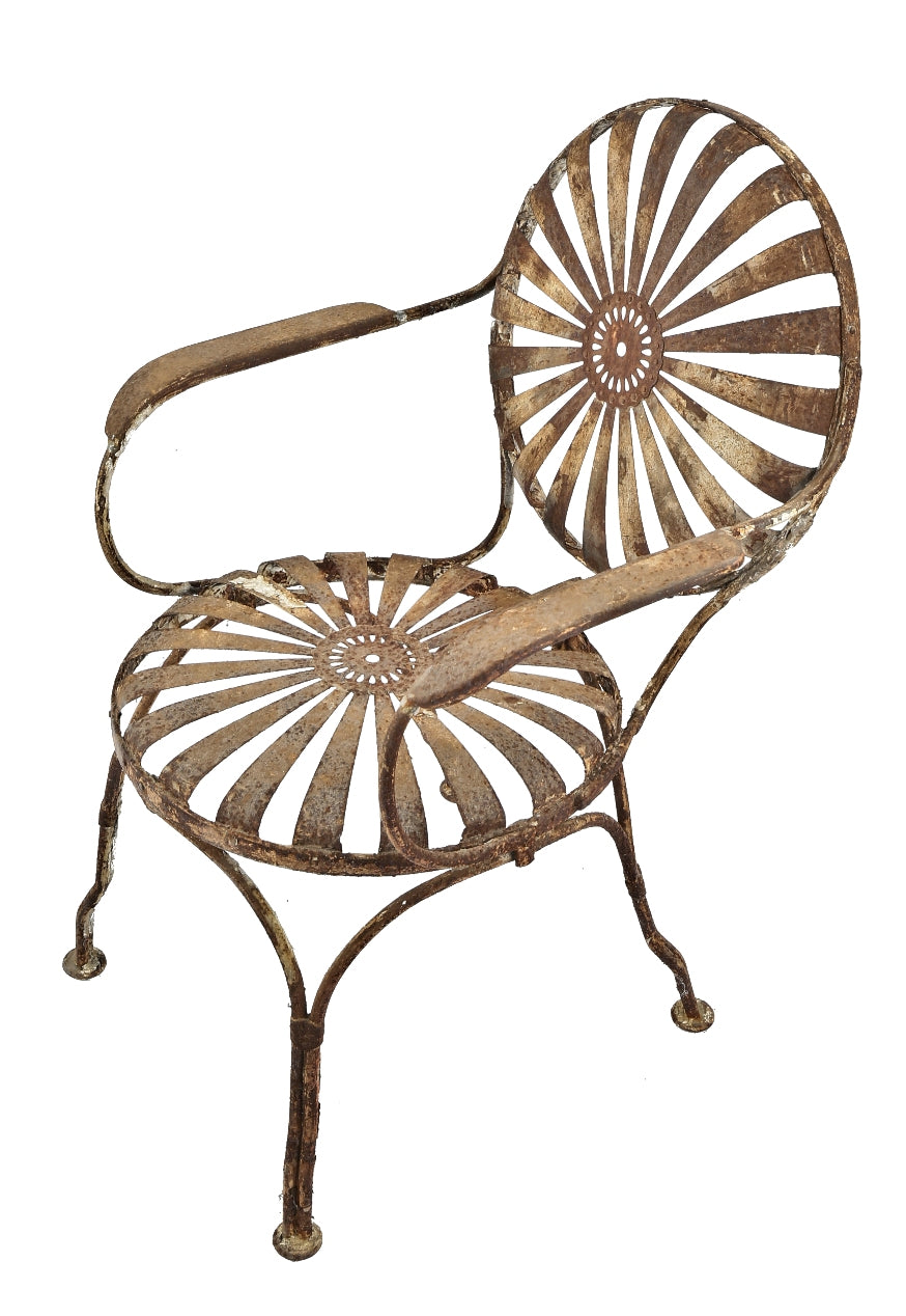 one of two original and largely intact heavy steel and/or wrought iron french art deco francois carre "sunburst" garden chairs with white enameled finish