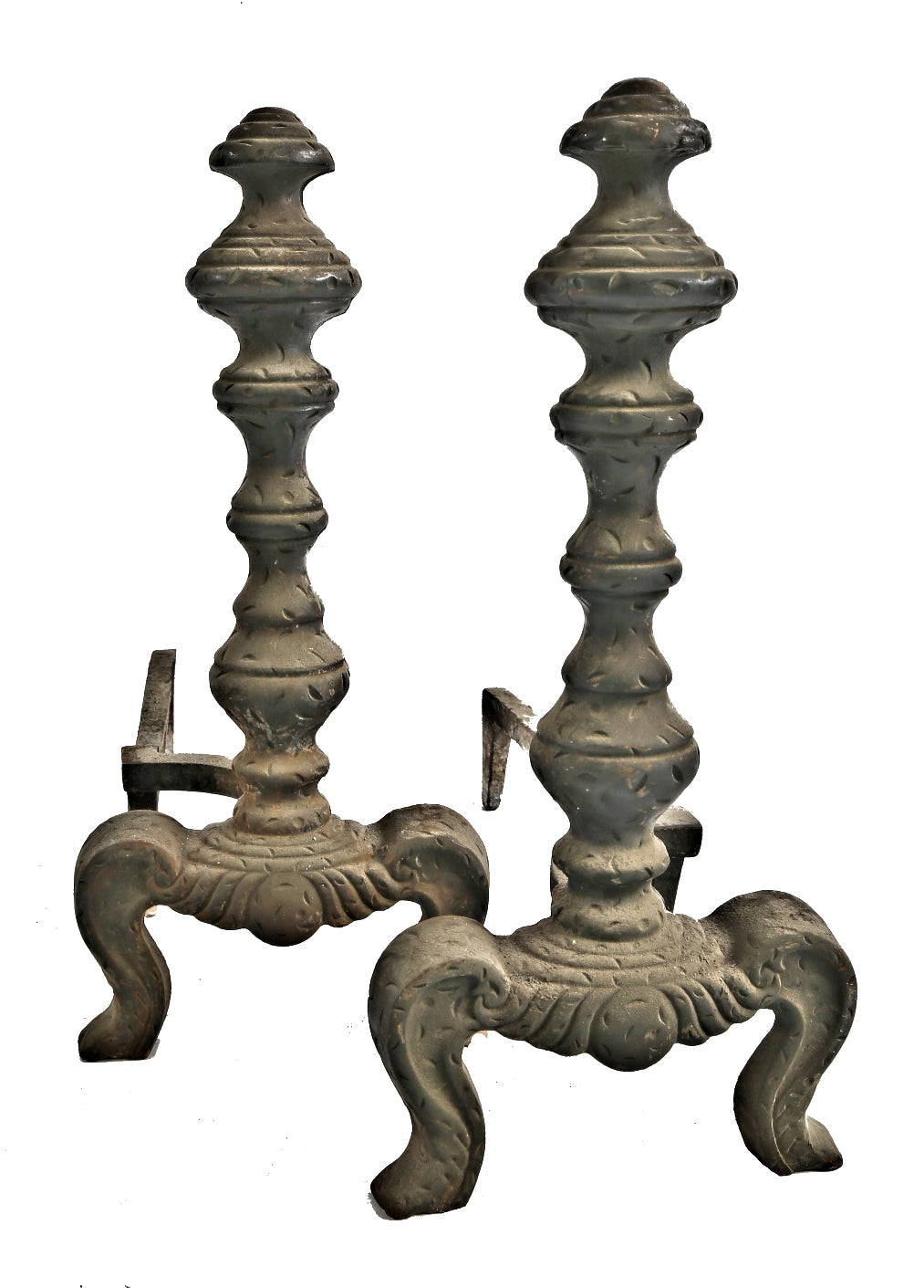 matching set of original american depression era ornamental cast iron spanish revival style black enameled fireplace andirons