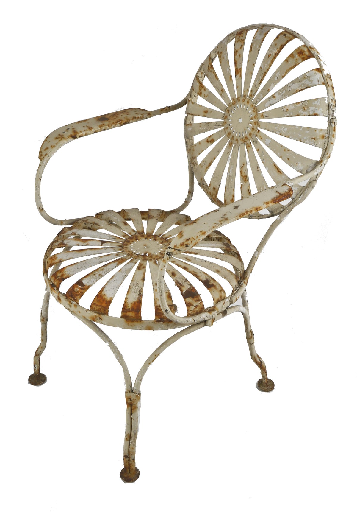 one of two original and largely intact heavy steel and/or wrought iron french art deco francois carre "sunburst" garden chairs with white enameled finish