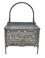 completely refinished pressed and folded steel simmons hotel compartmentalized lowboy dresser with original stamped steel drawer pulls or knobs