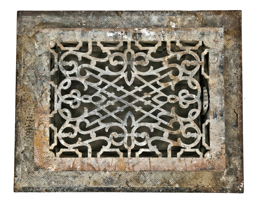 original and intact c. 1870's antique american ornamental cast iron residential salvaged chicago floor grate with matching rectangular-shaped surround