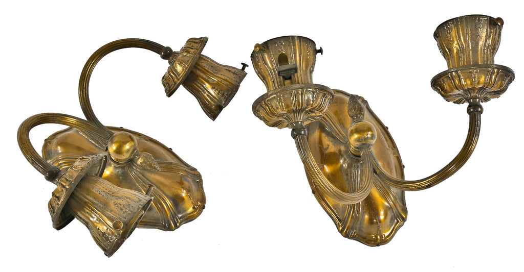 two matching all original early 20th century american double arm highly stylized residential electric wall sconces with dual tone finish