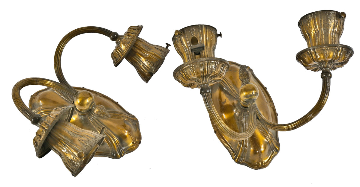 two matching all original early 20th century american double arm highly stylized residential electric wall sconces with dual tone finish